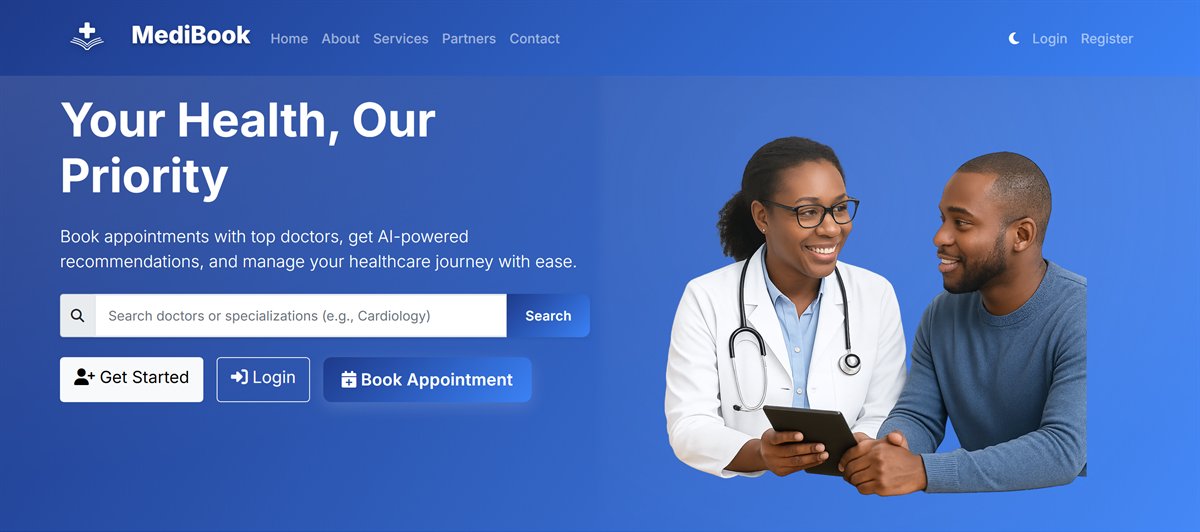 MediBook hospital booking home page with doctor search and appointment booking